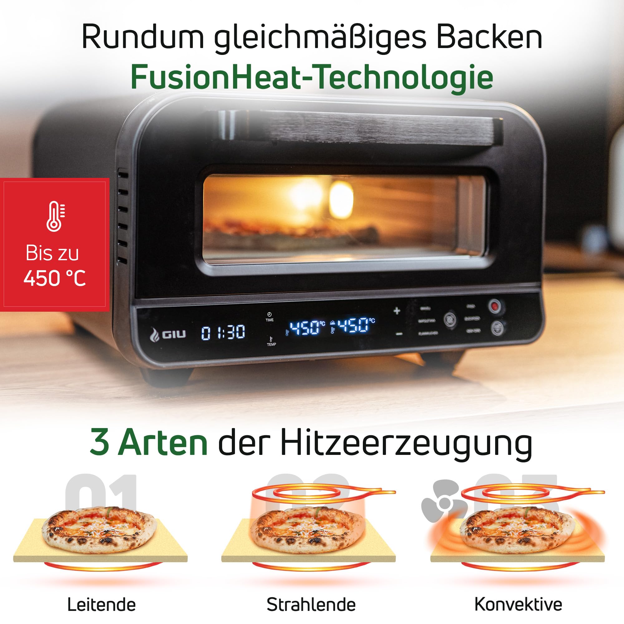 Elektrischer Pizzaofen - Starker Elektro-Ofen fรผr neapolitanische Pizza | Backofen, Pizzaofen, elektrisch, Electric Oven | รber 400 Grad FusionHeat-Tech | Genieรe Steinofen-Geschmack Zuhause | GIU